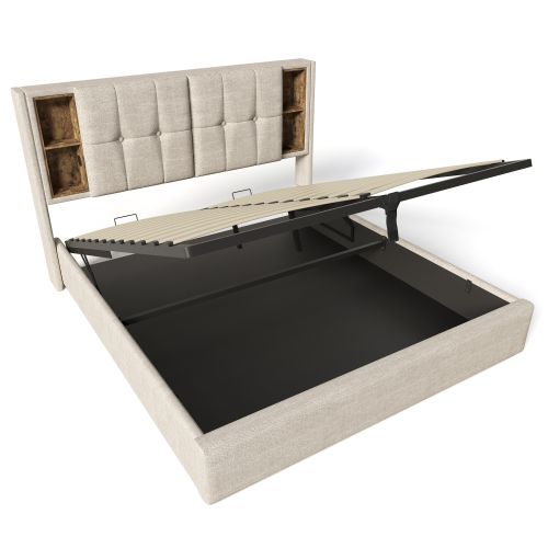 Lit Coffre 160x200 Cm Lit Adulte Avec Recharge Sans Fil USB C, Sommier à Lattes, En Lin Beige