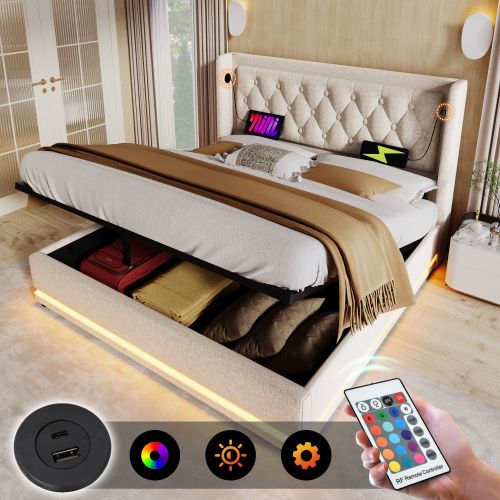 Lit Coffre 140x200 Cm, Tête De Lit Capitonnée Avec Fonction De Charge USB Type-c, Coton Beige