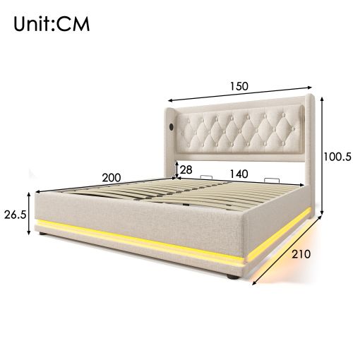 Lit Coffre 140x200 Cm, Tête De Lit Capitonnée Avec Fonction De Charge USB Type-c, Coton Beige