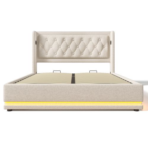 Lit Coffre 140x200 Cm, Tête De Lit Capitonnée Avec Fonction De Charge USB Type-c, Coton Beige