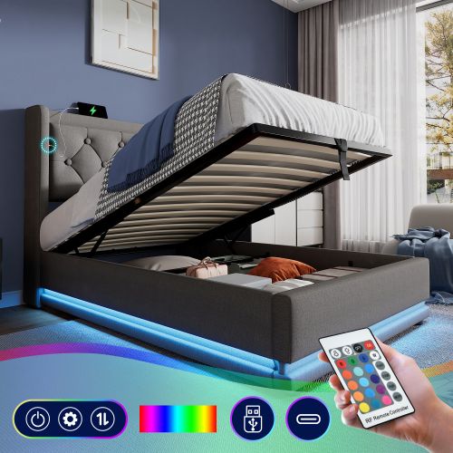 Lit Coffre 90x200 Cm, Tête De Lit Capitonnée Avec Fonction De Charge USB Type-c, Coton Gris