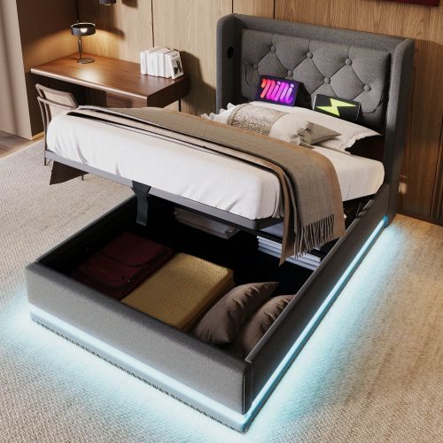 Lit Coffre 90x200 Cm, Tête De Lit Capitonnée Avec Fonction De Charge USB Type-c, Coton Gris