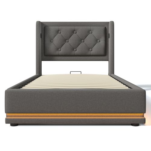 Lit Coffre 90x200 Cm, Tête De Lit Capitonnée Avec Fonction De Charge USB Type-c, Coton Gris