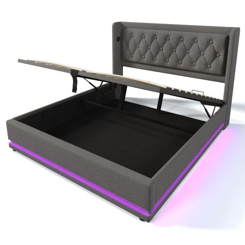 Lit Coffre 140x200 Cm, Tête De Lit Capitonnée Avec Fonction De Charge USB Type-c, Coton Gris