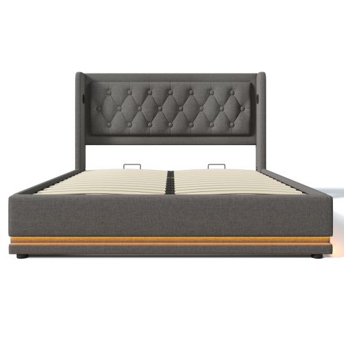 Lit Coffre 140x200 Cm, Tête De Lit Capitonnée Avec Fonction De Charge USB Type-c, Coton Gris