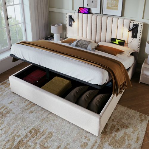 Lit Coffre 140x200 Cm, Tête De Lit Avec Lampe De Lecture Et Fonction De Charge USB, Coton, Beige