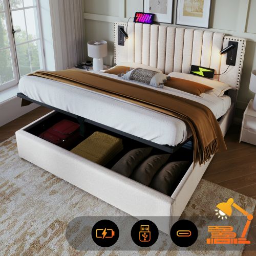 Lit Coffre 180x200 Cm, Tête De Lit Avec Lampe De Lecture Et Fonction De Charge USB, Coton, Beige
