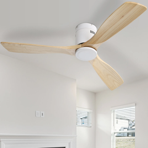 Ventilateur De Plafond 52" Dc, 3 Pales En Bois Naturel, Moteur Silencieux, Télécommande