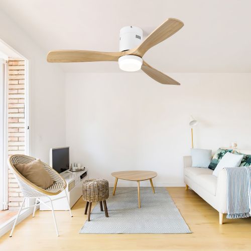 Ventilateur De Plafond 52" (132 Cm), 3 Pales En Bois, Moteur Dc 6 Vitesses, Télécommande, Blanc
