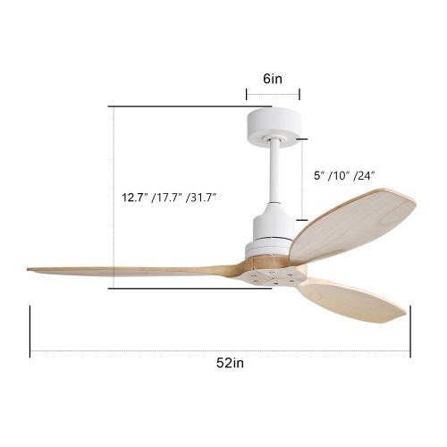 Ventilateur De Plafond 52"(132 Cm) Sans Lumière, 3 Pales En Bois, Moteur Dc 6 Vitesses, Télécommande
