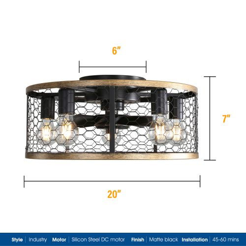 Ventilateur De Plafond rond 50 Cm Dc Avec Éclairage, 7 Pales En Abs, Télécommande, Noir