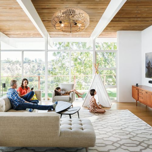 Ventilateur De Plafond Cage 22" Dc(55 Cm) Avec Rotin, 6 Vitesses, Télécommande, Blanc