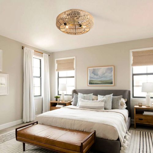 Ventilateur De Plafond Cage 22" Dc(55 Cm) Avec Rotin, 6 Vitesses, Télécommande, Blanc