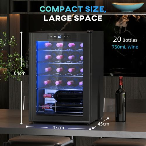 Cave à Vin, Capacité 20 Bouteilles, 5-18℃, Avec Porte Vitrée Et Éclairage LED, Écran Tactile, Noir
