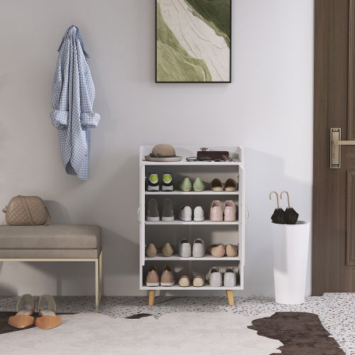 Meuble à Chaussures Avec 2 Portes Et Étagère Ouverte, Pour 12 Chaussures, 60x30x92 Cm, Blanc
