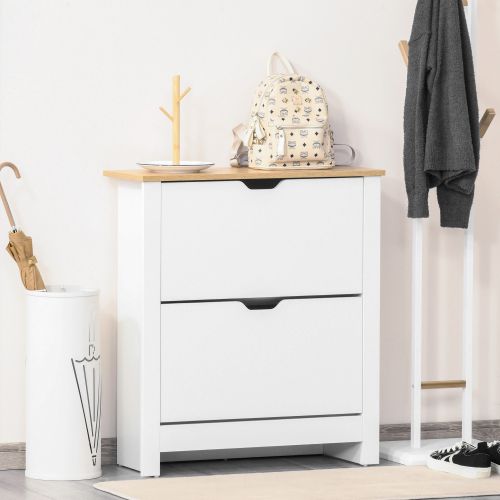Meuble à Chaussures Avec 2 Portes à Abattant, Pour 12 Paires De Chaussures, Blanc Et Naturel