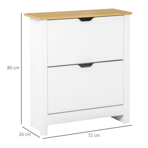Meuble à Chaussures Avec 2 Portes à Abattant, Pour 12 Paires De Chaussures, Blanc Et Naturel
