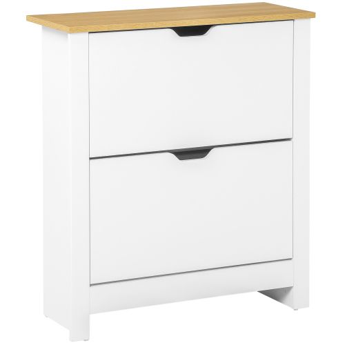 Meuble à Chaussures Avec 2 Portes à Abattant, Pour 12 Paires De Chaussures, Blanc Et Naturel