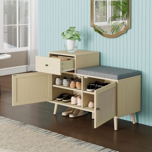 Meuble à Chaussures Avec 2 Portes En Rotin, 1 Tiroir Et Assise Rembourrée, 90x35x65 Cm, Naturel