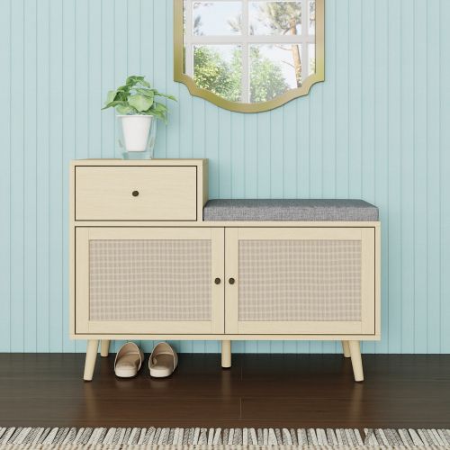 Meuble à Chaussures Avec 2 Portes En Rotin, 1 Tiroir Et Assise Rembourrée, 90x35x65 Cm, Naturel