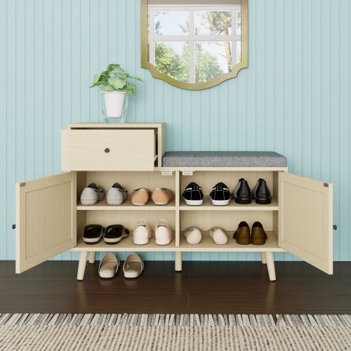Meuble à Chaussures Avec 2 Portes En Rotin, 1 Tiroir Et Assise Rembourrée, 90x35x65 Cm, Naturel