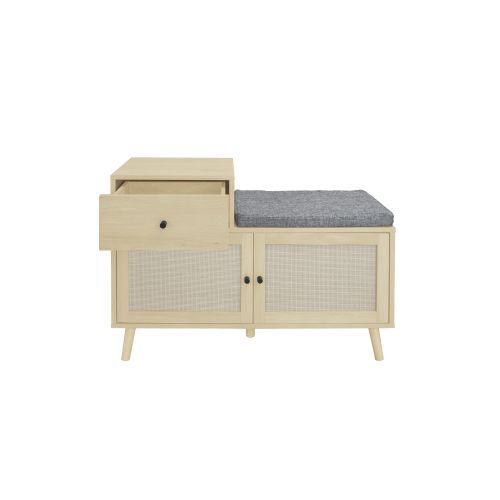 Meuble à Chaussures Avec 2 Portes En Rotin, 1 Tiroir Et Assise Rembourrée, 90x35x65 Cm, Naturel