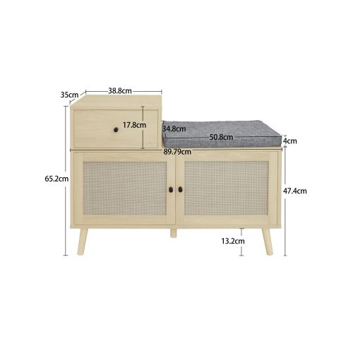Meuble à Chaussures Avec 2 Portes En Rotin, 1 Tiroir Et Assise Rembourrée, 90x35x65 Cm, Naturel