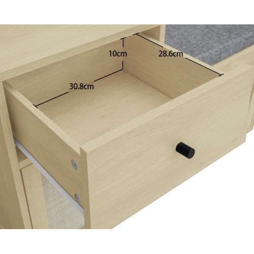 Meuble à Chaussures Avec 2 Portes En Rotin, 1 Tiroir Et Assise Rembourrée, 90x35x65 Cm, Naturel