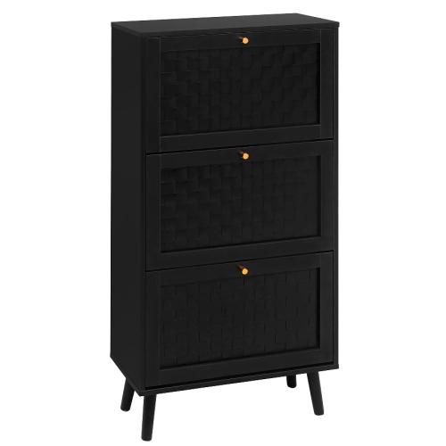 Meuble à Chaussures 3 Portes à Motif Croisé Rayé, Poignées Dorées, Noir