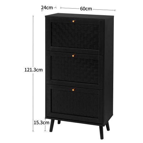 Meuble à Chaussures 3 Portes à Motif Croisé Rayé, Poignées Dorées, Noir