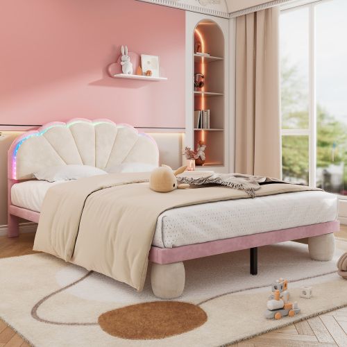 Lit Enfant 140x200 Cm Avec Bandes Lumineuses Dimmables, Tête De Lit Festonnée, Velours, Rose