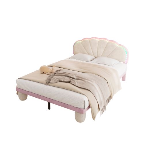 Lit Enfant 140x200 Cm Avec Bandes Lumineuses Dimmables, Tête De Lit Festonnée, Velours, Rose