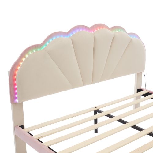 Lit Enfant 140x200 Cm Avec Bandes Lumineuses Dimmables, Tête De Lit Festonnée, Velours, Rose