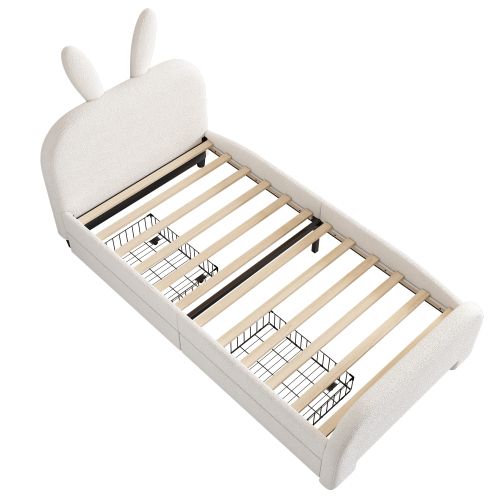 Lit Enfant 90x200 Cm Avec 2 Tiroirs, Tête De Lit Oreilles De Lapin, Sommier à Lattes, Blanc