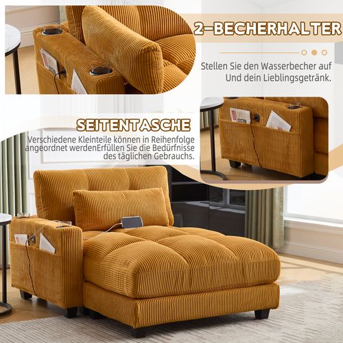 Méridienne 140x112x81cm Avec accoudoirs interchangeables, 2 Porte-gobelets, USB, jaune moutarde