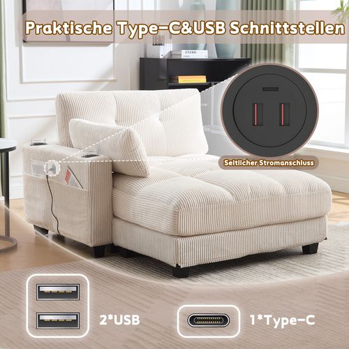 Méridienne 140x112x81cm, Avec accoudoirs interchangeables, 2 Porte-gobelets, USB, beige