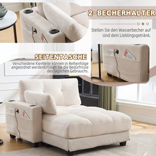 Méridienne 140x112x81cm, Avec accoudoirs interchangeables, 2 Porte-gobelets, USB, beige