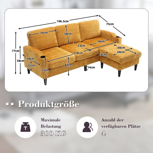Canapé 4 Places Moderne 196,5x135x77cm, Avec Repose-pieds Et Fonction Rangement, Jaune
