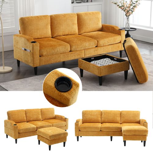 Canapé 4 Places Moderne 196,5x135x77cm, Avec Repose-pieds Et Fonction Rangement, Jaune