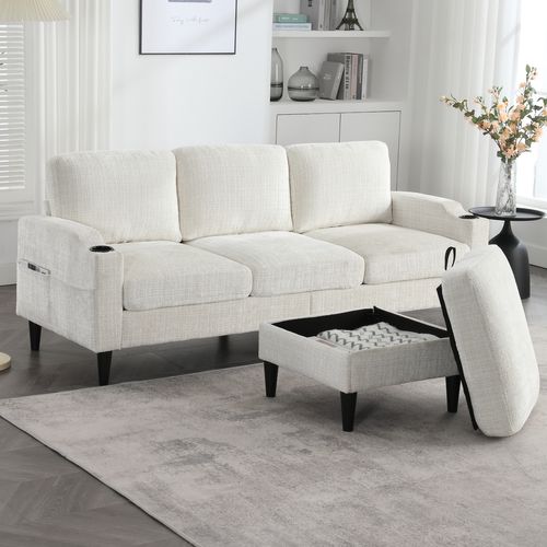 Canapé 4 Places Moderne 196,5x135x77cm, Avec Repose-pieds Et Fonction Rangement, Beige