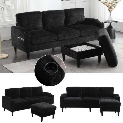 Canapé Angle Fixe 3-4 Places Moderne 196,5x75x77cm Avec Repose-pieds De Rangement, Noir