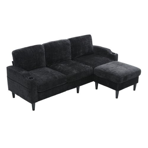 Canapé Angle Fixe 3-4 Places Moderne 196,5x75x77cm Avec Repose-pieds De Rangement, Noir