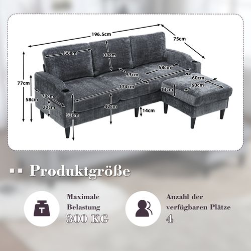 Canapé Angle Fixe 3-4 Places Moderne 196,5x75x77cm Avec Repose-pieds De Rangement, Gris