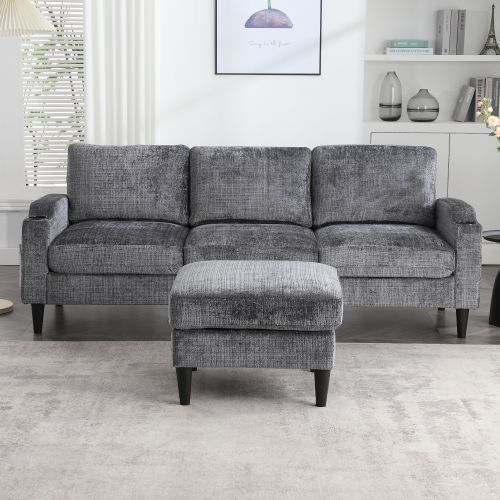 Canapé Angle Fixe 3-4 Places Moderne 196,5x75x77cm Avec Repose-pieds De Rangement, Gris