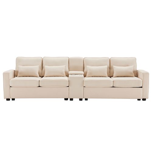 Canapé 4 Places Moderne 290x83x88cm, Avec 2 Porte-gobelets, 2 Ports USB, Beige