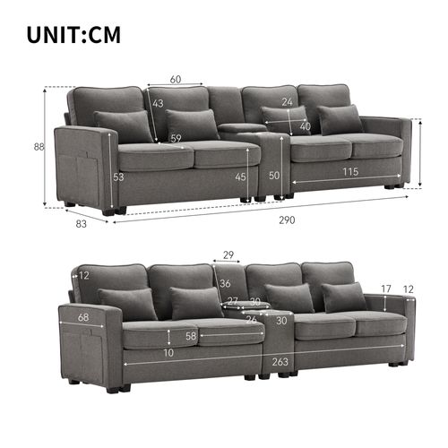 Canapé 4 Places Moderne 290x83x88cm, Avec 2 Porte-gobelets, 2 Ports USB, Gris Foncé