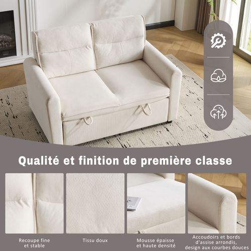 Canapé Deux Places Moderne 127x90x87cm, Canapé-lit Deux En Un, Dossier Réglable, Beige Clair