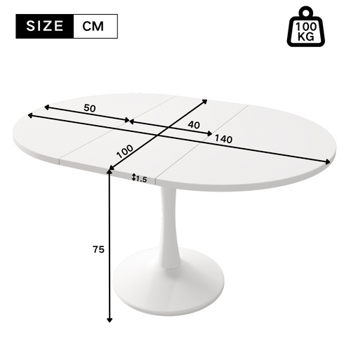Table à Manger Extensible Blanc Ovale, 4-6 Places, Mdf, 100,140x100x75cm