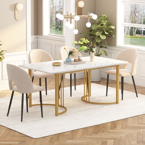 Table à Manger Blanc Rectangulaire 1 Pièces 140×80×75cm, Placage Marbre, Mdf
