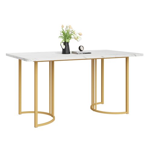 Table à Manger Blanc Rectangulaire 1 Pièces 140×80×75cm, Placage Marbre, Mdf